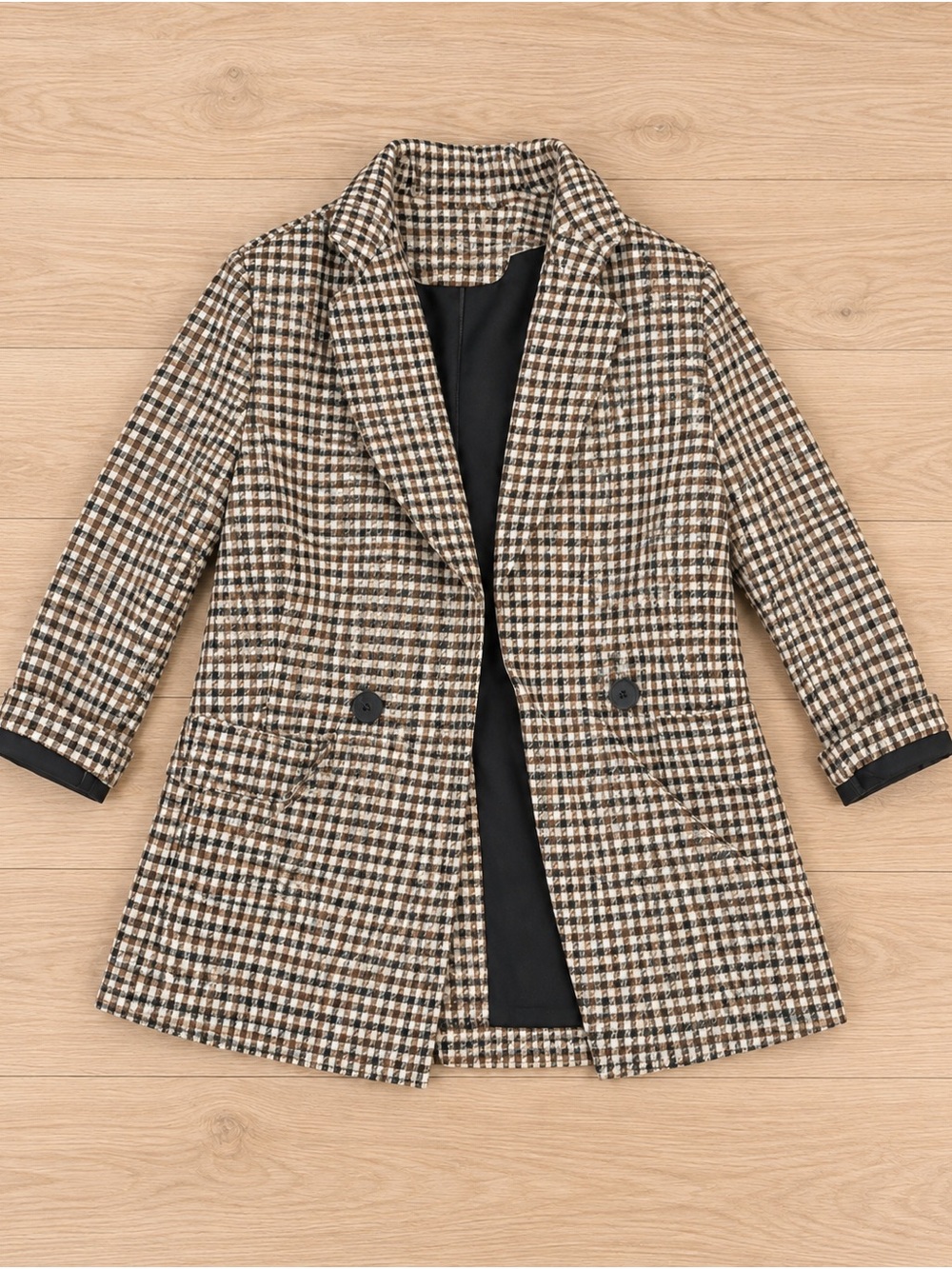 Checked Houndstooth Blazer Jacket - Brown, Black, White